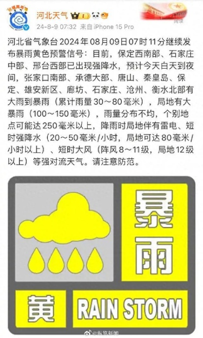 河北省最新天气预警，强降雨来袭，多地需做好防范准备